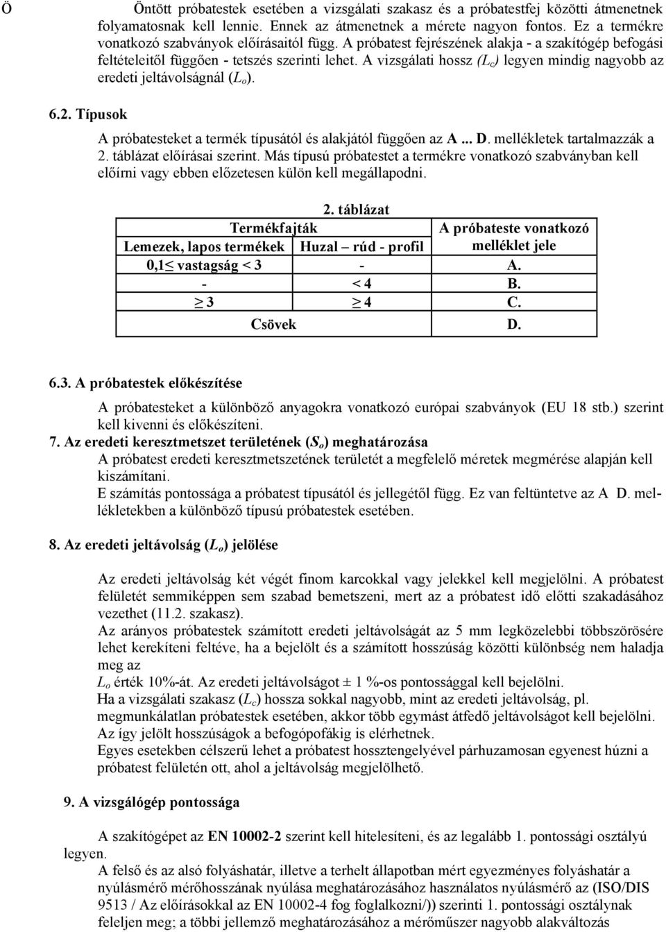 A vizsgálati hossz (L c ) legyen mindig nagyobb az eredeti jeltávolságnál (L o ). 6.2. Típusok A próbatesteket a termék típusától és alakjától függően az A... D. mellékletek tartalmazzák a 2.