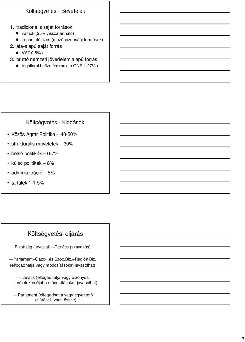 a GNP 1,27%-a Költségvetés - Kiadások Közös Agrár Politika - 40-50% strukturális mőveletek 30% belsı politikák 6-7% külsı politikák 6% adminisztráció 5% tartalék 1-1,5%