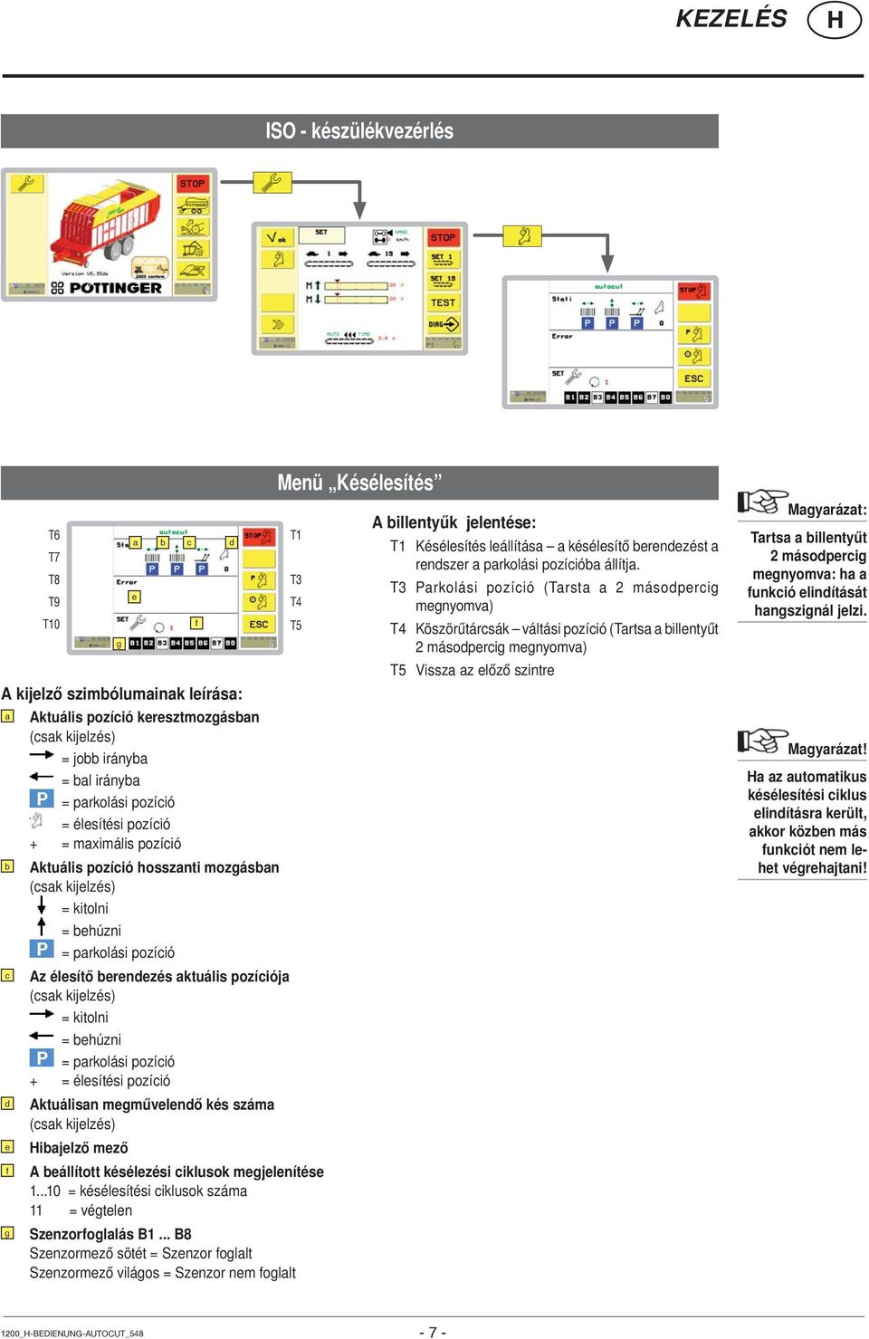 kitolni = behúzni = parkolási pozíció + = élesítési pozíció d Aktuálisan megművelendő kés száma (csak kijelzés) e ibajelző mező f A beállított késélezési ciklusok megjelenítése 1.