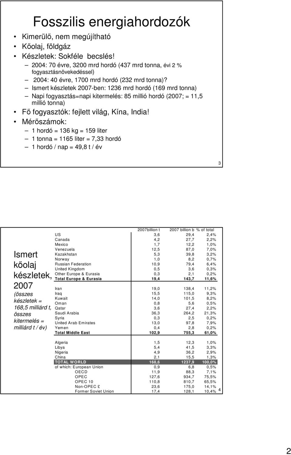 Ismert készletek 2007-ben: 1236 mrd hordó (169 mrd tonna) Napi fogyasztás=napi kitermelés: 85 millió hordó (2007; = 11,5 millió tonna) Fı fogyasztók: fejlett világ, Kína, India!