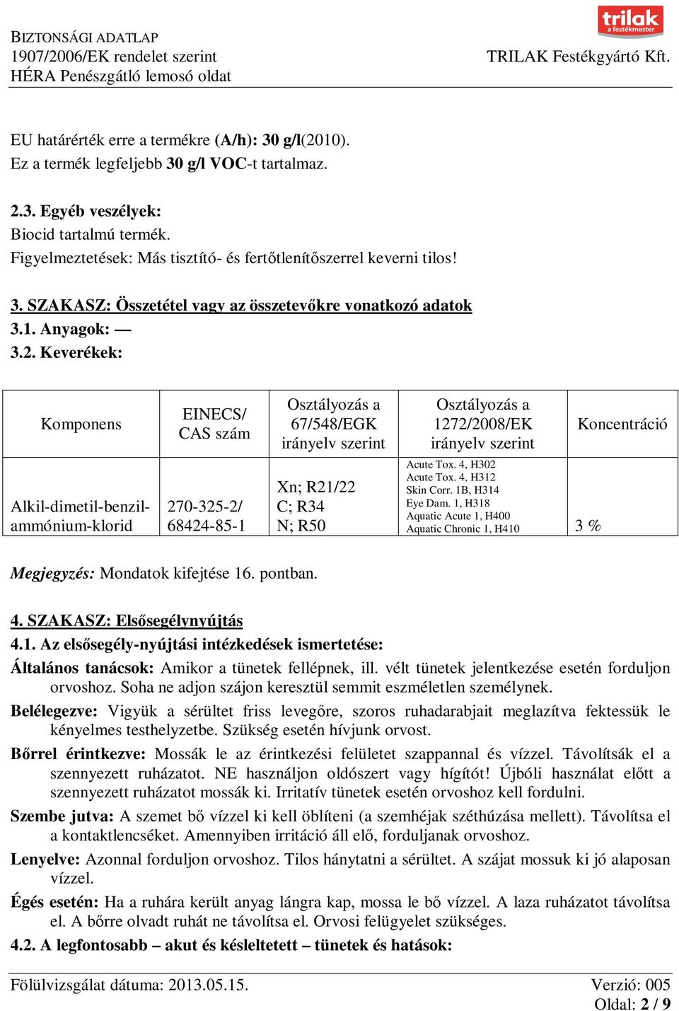 Keverékek: Komponens EINECS/ CAS szám Osztályozás a 67/548/EGK irányelv szerint Osztályozás a 1272/2008/EK irányelv szerint Koncentráció Alkil-dimetil-benzilammónium-klorid 270-325-2/ 68424-85-1 Xn;