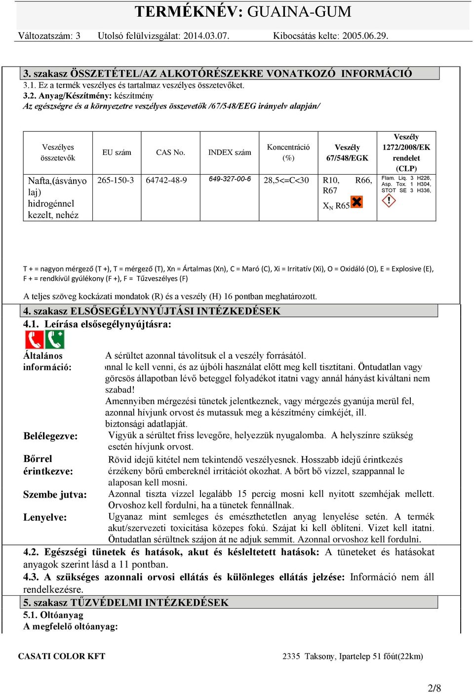 INDEX szám Koncentráció (%) Veszély 67/548/EGK 2651503 64742489 649327006 28,5<=C<30 R10, R66, R67 X N R65 Veszély 1272/2008/EK rendelet (CLP) Flam. Liq. 3 H226, Asp. Tox.