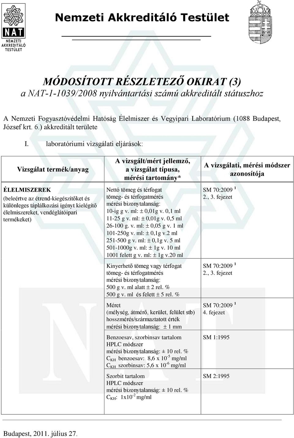 laboratóriumi vizsgálati eljárások: ÉLELMISZEREK (beleértve az étrend-kiegészítõket és különleges táplálkozási igényt kielégítõ élelmiszereket, vendéglátóipari termékeket) Nettó tömeg és térfogat