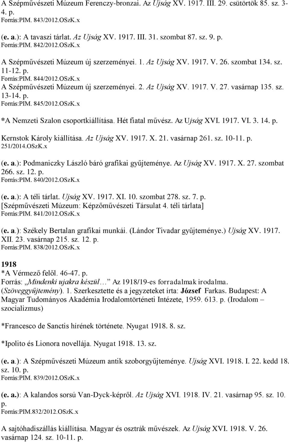 vasárnap 135. sz. 13-14. p. Forrás:PIM. 845/2012.OSzK.x *A Nemzeti Szalon csoportkiállítása. Hét fiatal művész. Az Ujság XVI. 1917. VI. 3. 14. p. Kernstok Károly kiállítása. Az Ujság XV. 1917. X. 21.