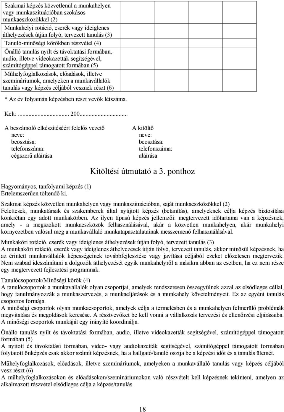 illetve szemináriumok, amelyeken a munkavállalók tanulás vagy képzés céljából vesznek részt (6) * Az év folyamán képzésben részt vevők létszáma. Kelt:... 200.