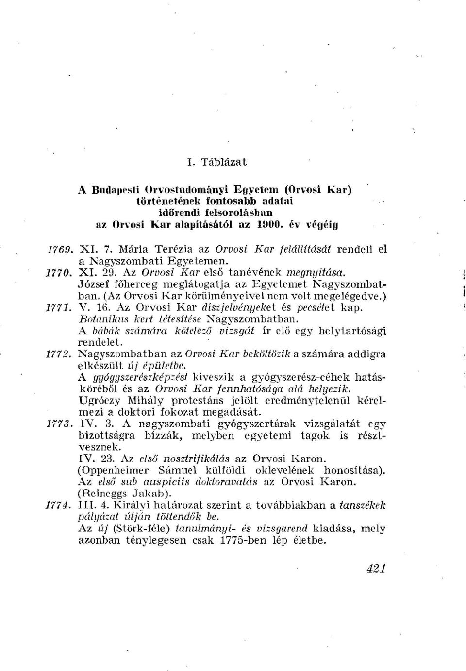 (Az Orvosi Kar körülményeivel nem volt megelégedve.) 1771. V. 16. Az Orvosi Kar díszjelvényekel és pecsétet kap. Botanikus kert létesítése Nagyszombatban.