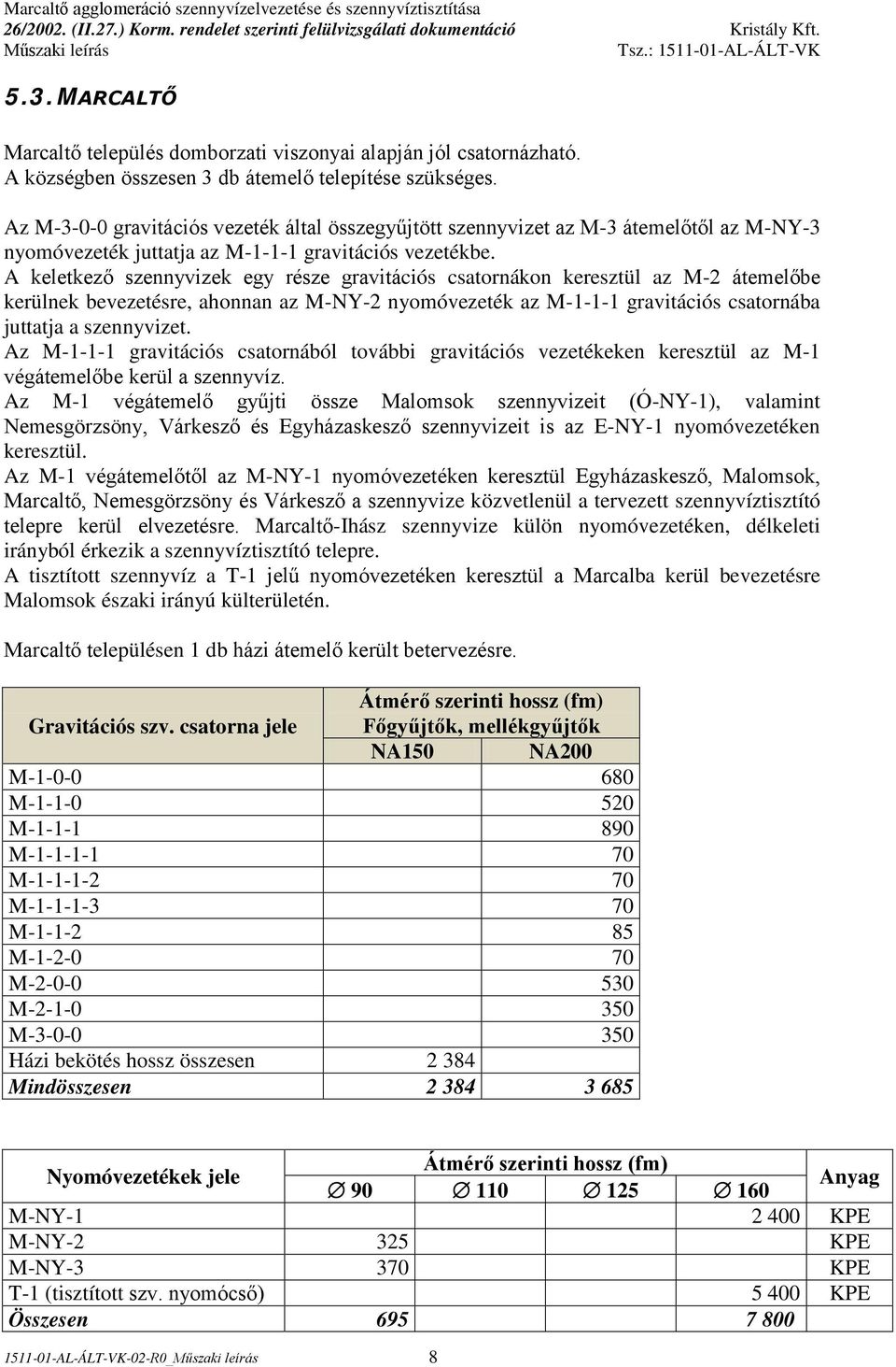 A keletkező szennyvizek egy része gravitációs csatornákon keresztül az M-2 átemelőbe kerülnek bevezetésre, ahonnan az M-NY-2 nyomóvezeték az M-1-1-1 gravitációs csatornába juttatja a szennyvizet.