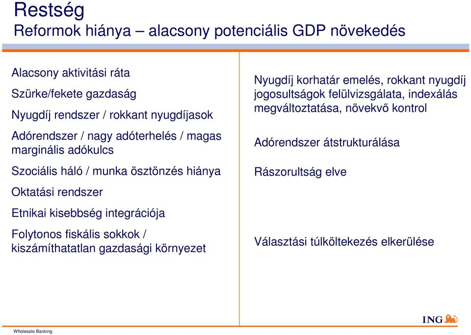 kisebbség integrációja Folytonos fiskális sokkok / kiszámíthatatlan gazdasági környezet Nyugdíj korhatár emelés, rokkant nyugdíj