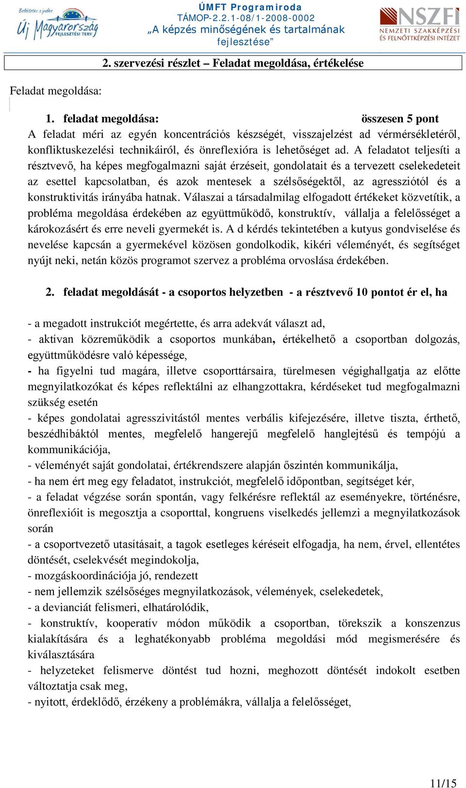 A feladatot teljesíti a résztvevő, ha képes megfogalmazni saját érzéseit, gondolatait és a tervezett cselekedeteit az esettel kapcsolatban, és azok mentesek a szélsőségektől, az agressziótól és a