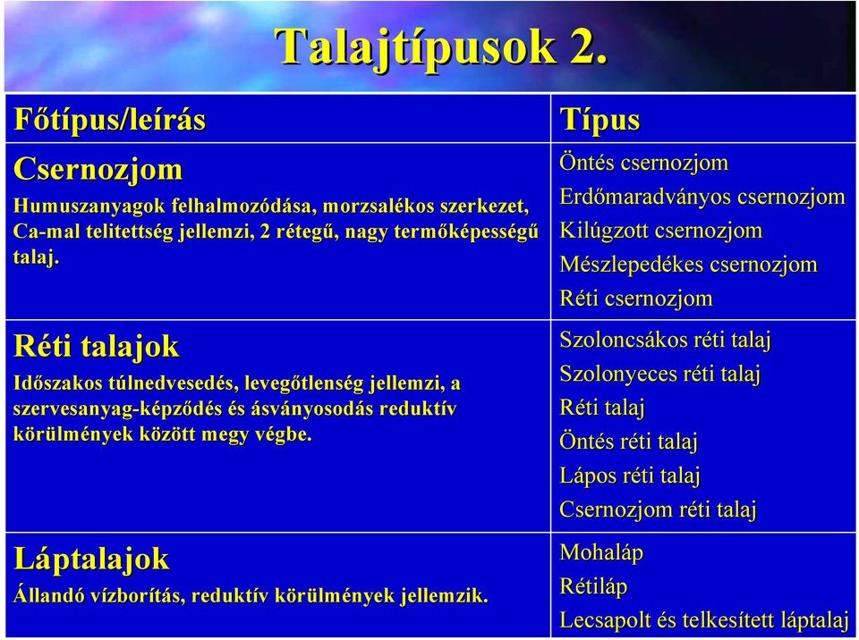 Láptalajok Állandó vízborítás, reduktív körülmények jellemzik.