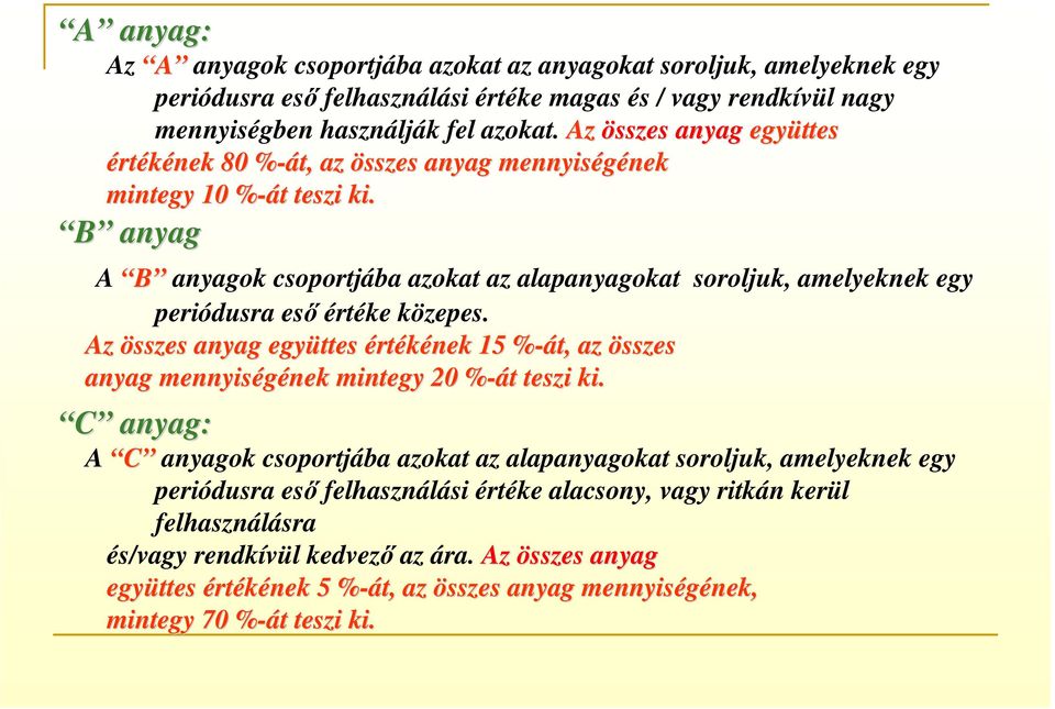 B anyag A B anyagok csoportjába azokat az alapanyagokat soroljuk, amelyeknek egy periódusra eső értéke közepes.