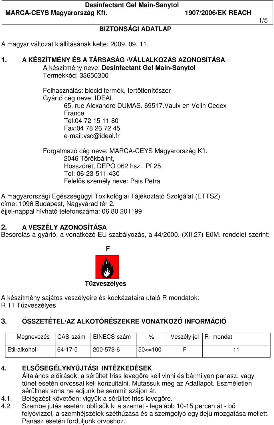 rue Alexandre DUMAS. 69517.Vaulx en Velin Cedex France Tel:04 72 15 11 80 Fax:04 78 26 72 45 e-mail:vsc@ideal.fr Forgalmazó cég neve: 2046 Törökbálint, Hosszúrét, DEPO 062 hsz., Pf 25.