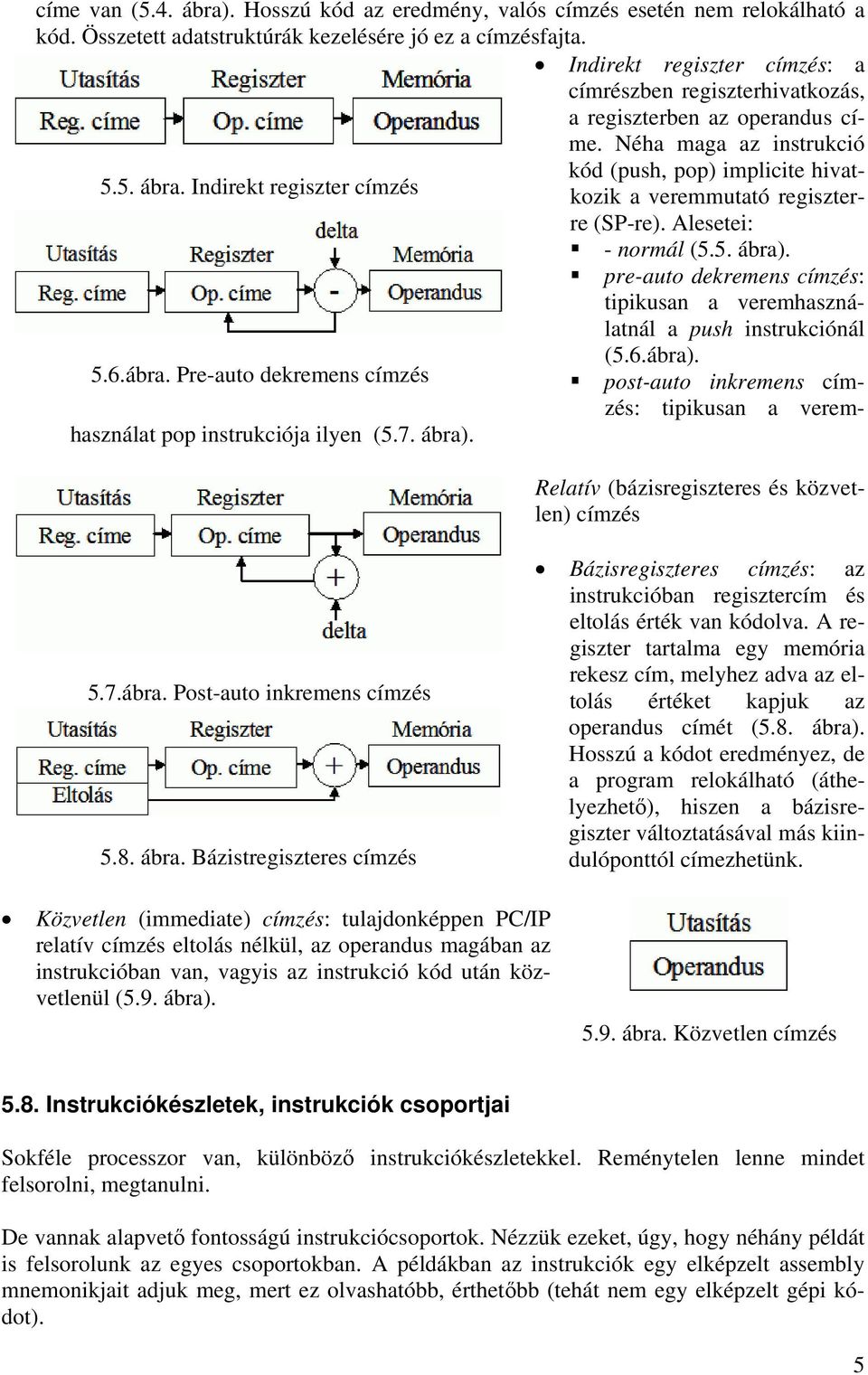 Indirekt regiszter címzés re (SP-re). Alesetei: - normál (5.5. ábra). pre-auto dekremens címzés: tipikusan a veremhasználatnál a push instrukciónál (5.6.ábra). 5.6.ábra. Pre-auto dekremens címzés post-auto inkremens címzés: tipikusan a veremhasználat pop instrukciója ilyen (5.