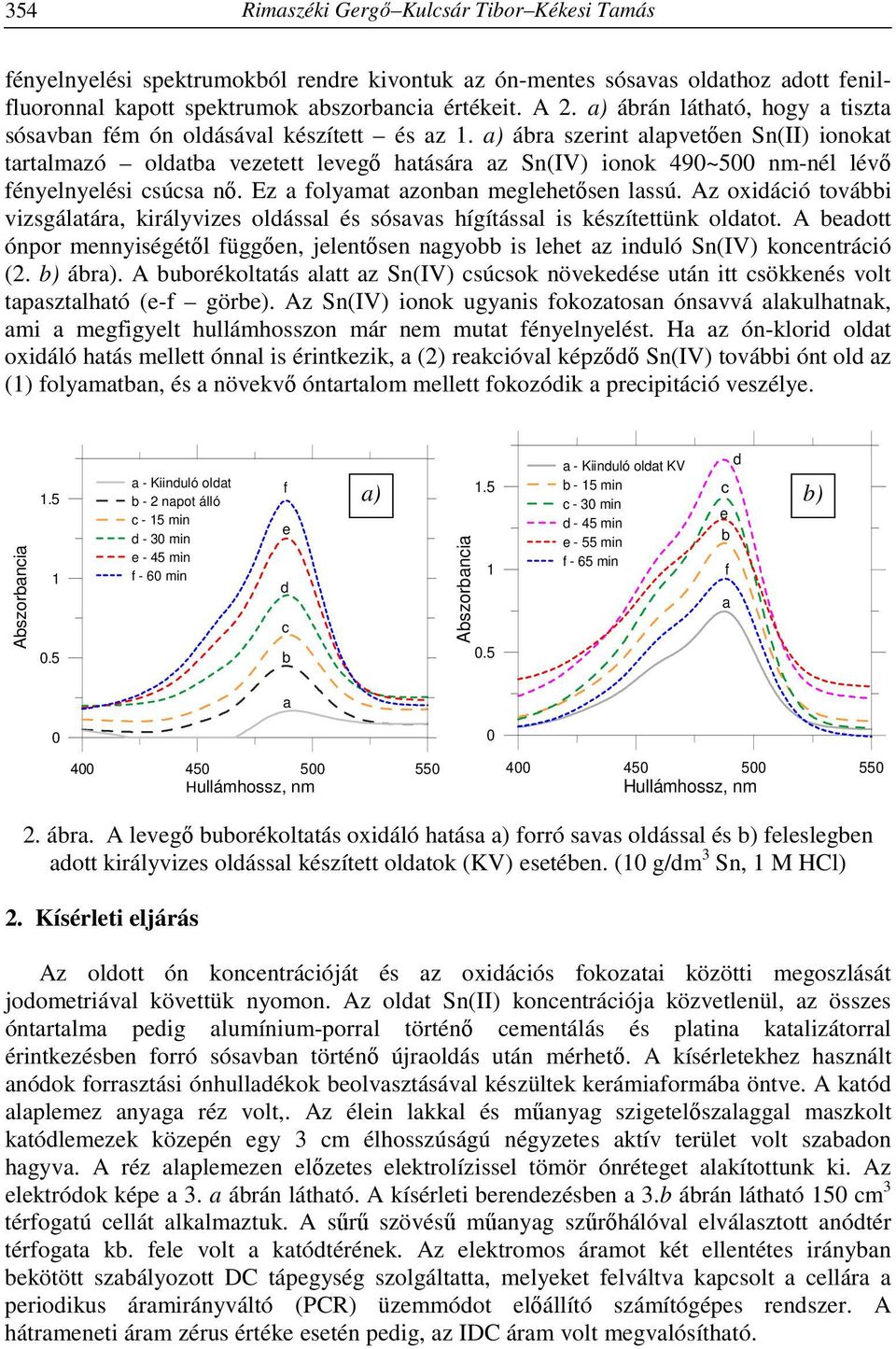a) ábra szerint alapvetően Sn(II) ionokat tartalmazó oldatba vezetett levegő hatására az Sn(IV) ionok 49~5 nm-nél lévő fényelnyelési csúcsa nő. Ez a folyamat azonban meglehetősen lassú.