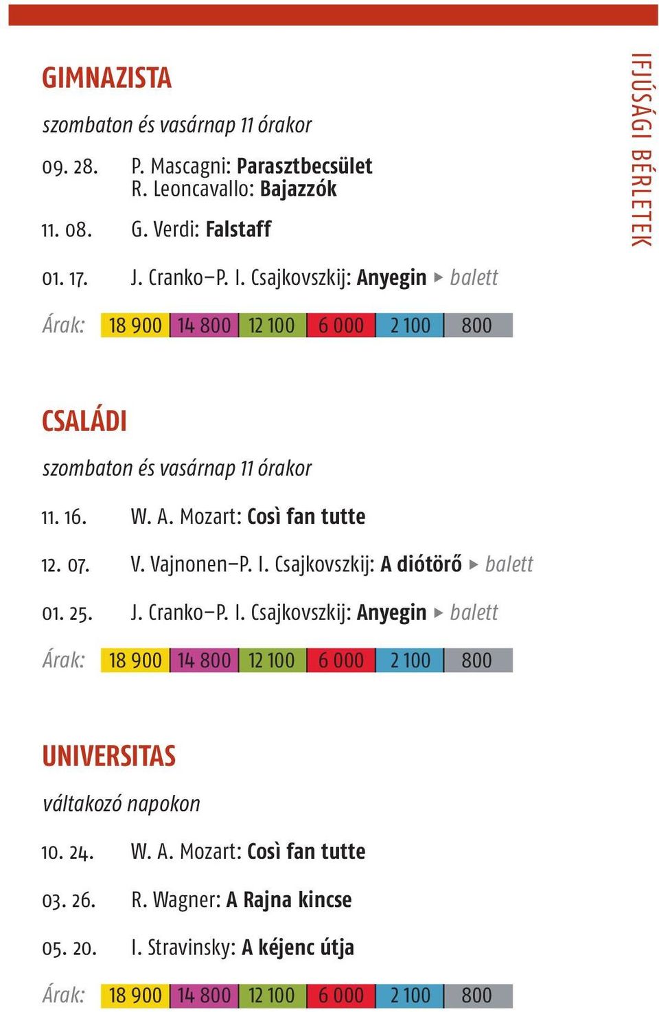 . W. A. Mozart: Così fan tutte. 0. V. Vajnonen P. I. Csajkovszkij: A diótörő balett 0.. J. Cranko P. I. Csajkovszkij: Anyegin balett 00 00 00 000 00 00 UNIVERSITAS 0.
