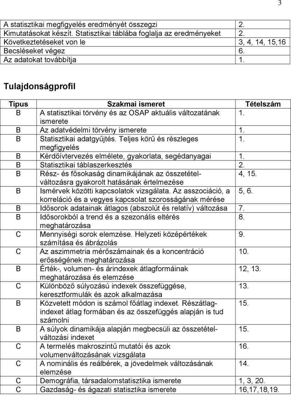 B Statisztikai adatgyűjtés. Teljes körű és részleges 1. megfigyelés B Kérdőívtervezés elmélete, gyakorlata, segédanyagai 1. B Statisztikai táblaszerkesztés 2.