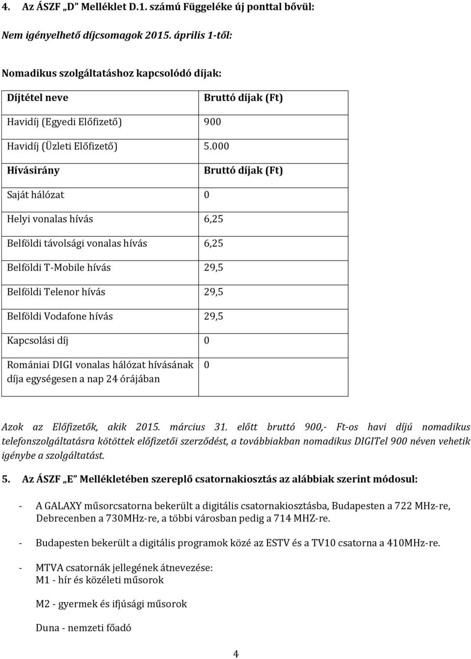 000 Bruttó díjak (Ft) Saját hálózat 0 Helyi vonalas 6,25 Belföldi távolsági vonalas 6,25 Belföldi T-Mobile 29,5 Belföldi Telenor 29,5 Belföldi Vodafone 29,5 Kapcsolási díj 0 Romániai DIGI vonalas