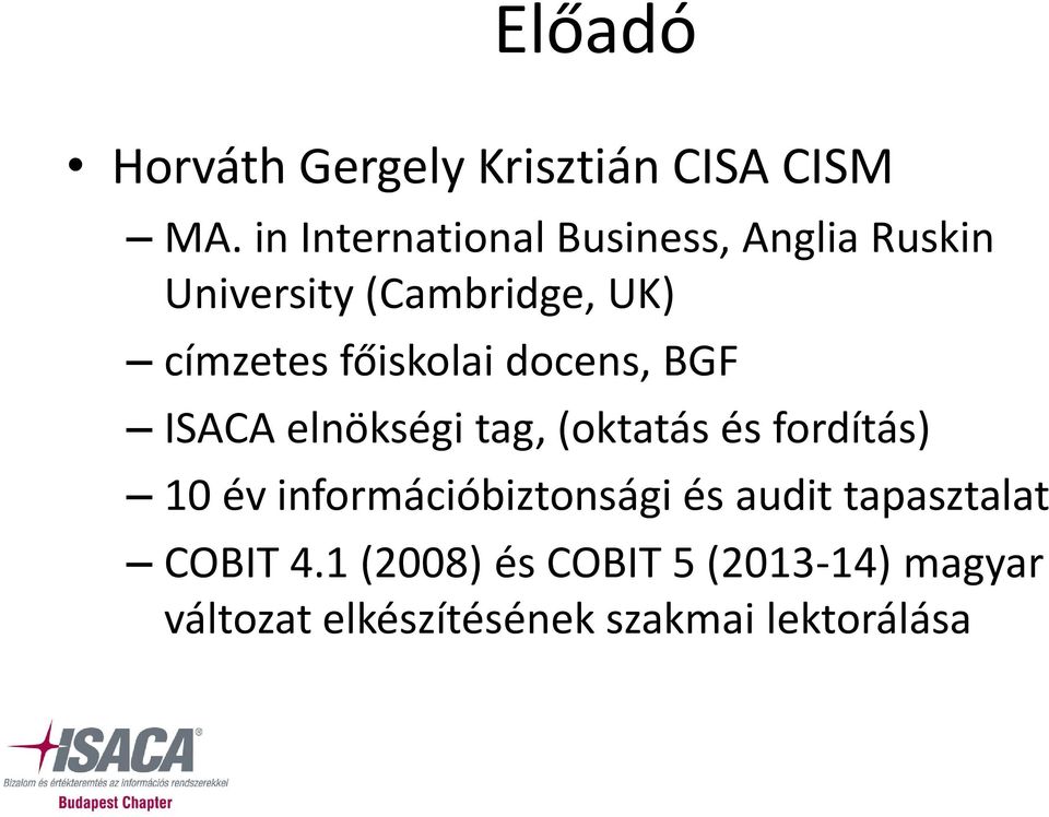 főiskolai docens, BGF ISACA elnökségi tag, (oktatás és fordítás) 10 év