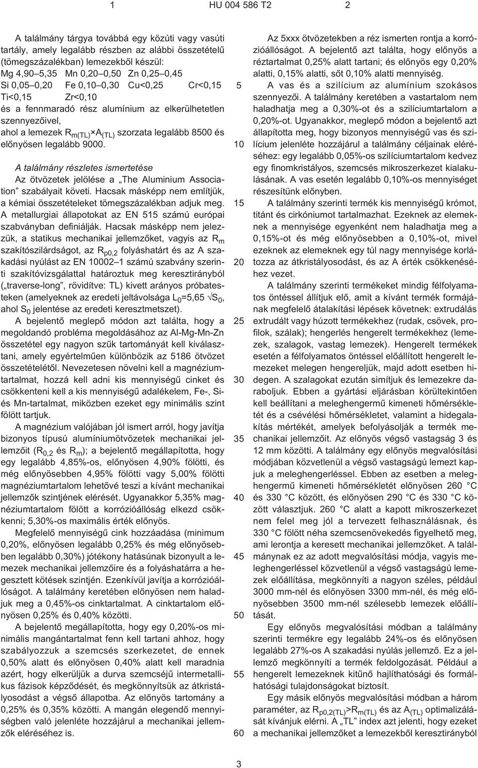 A találmány részletes ismertetése Az ötvözetek jelölése a The Aluminium Association szabályait követi. Hacsak másképp nem említjük, a kémiai összetételeket tömegszázalékban adjuk meg.