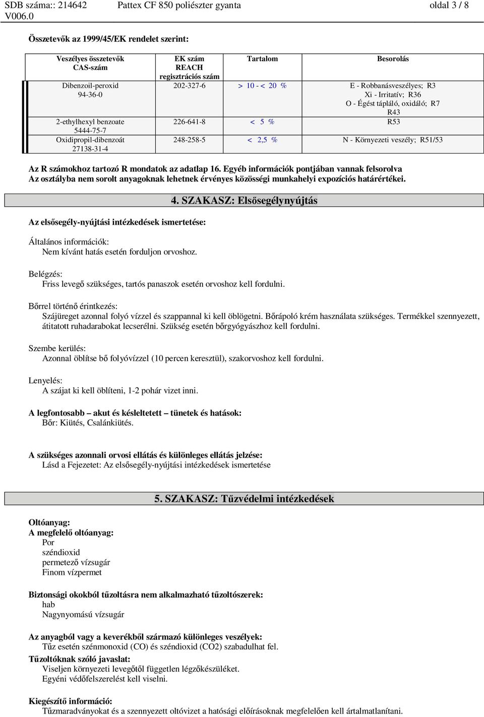 számokhoz tartozó R mondatok az adatlap 16. Egyéb információk pontjában vannak felsorolva Az osztályba nem sorolt anyagoknak lehetnek érvényes közösségi munkahelyi expozíciós határértékei.