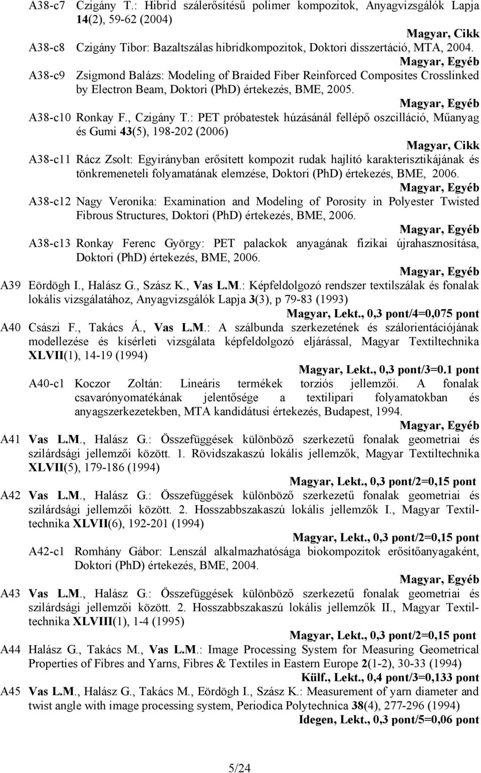 : PET próbatestek húzásánál fellépő oszcilláció, Műanyag és Gumi 43(5), 198-202 (2006) A38-c11 Rácz Zsolt: Egyirányban erősített kompozit rudak hajlító karakterisztikájának és tönkremeneteli