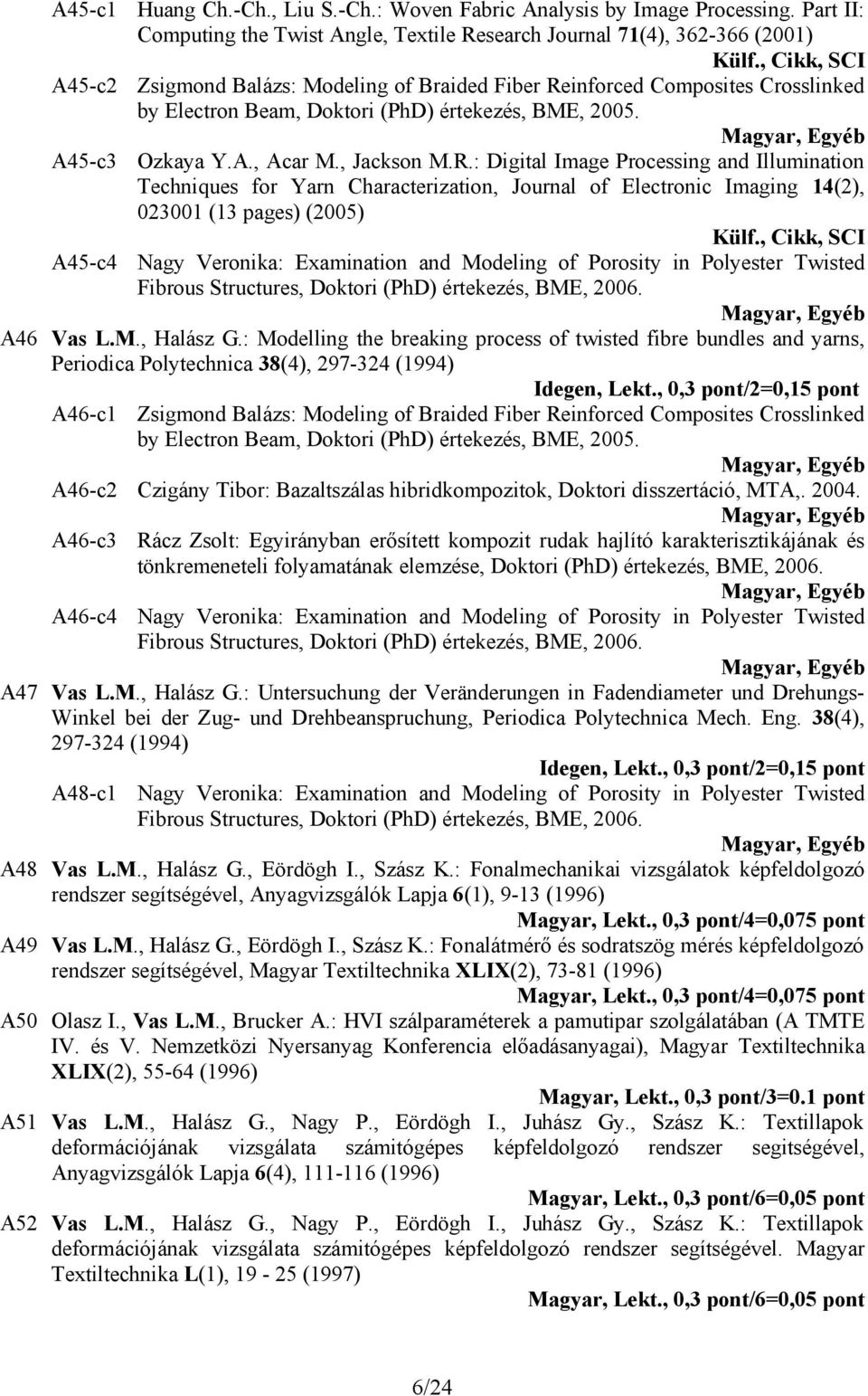 inforced Composites Crosslinked by Electron Beam, Doktori (PhD) értekezés, BME, 2005. A45-c3 Ozkaya Y.A., Acar M., Jackson M.R.