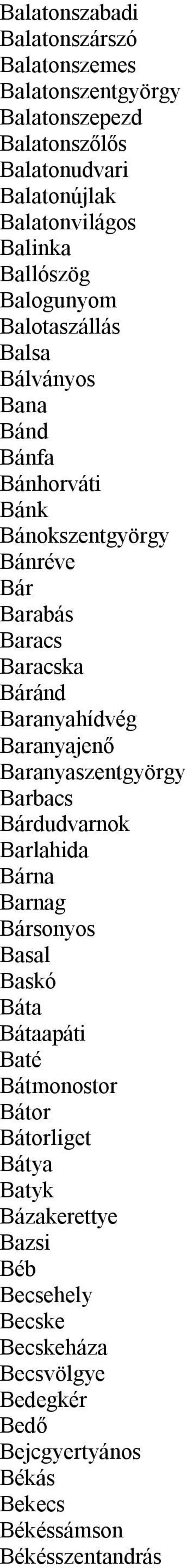 Baranyahídvég Baranyajenő Baranyaszentgyörgy Barbacs Bárdudvarnok Barlahida Bárna Barnag Bársonyos Basal Baskó Báta Bátaapáti Baté Bátmonostor