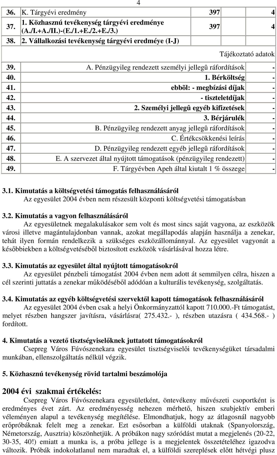 B. Pénzügyileg rendezett anyag jellegû ráfordítások - 46. C. Értékcsökkenési leírás - 47. D. Pénzügyileg rendezett egyéb jellegû ráfordítások - 48. E.