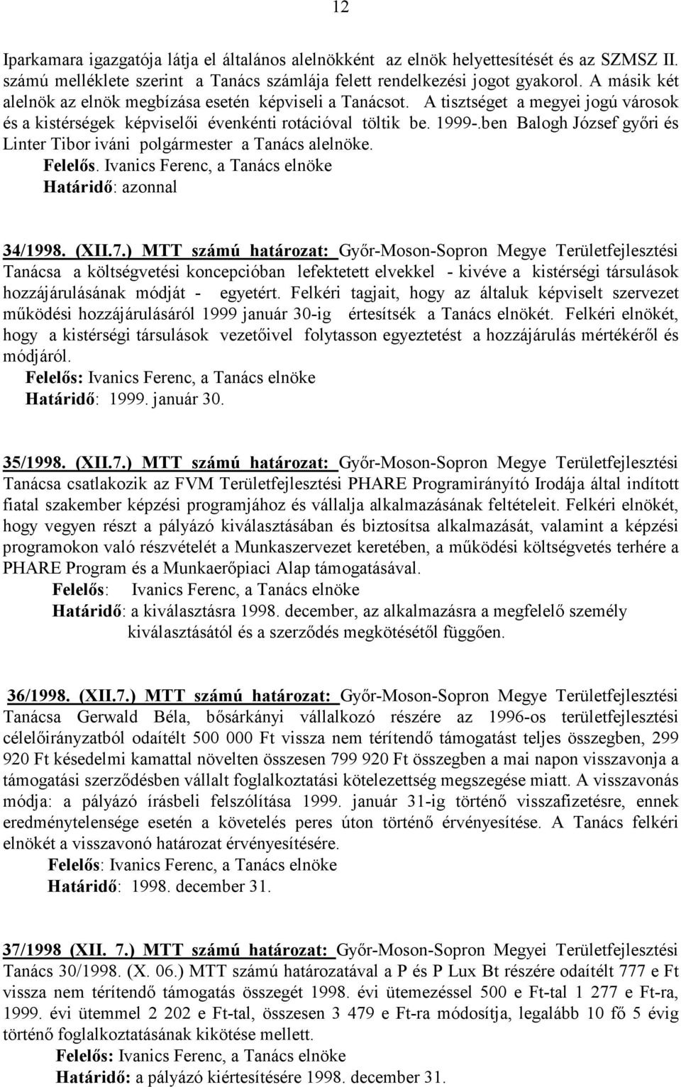 ben Balogh József gyıri és Linter Tibor iváni polgármester a Tanács alelnöke. Felelıs. Ivanics Ferenc, a Tanács elnöke Határidı: azonnal 34/1998. (XII.7.