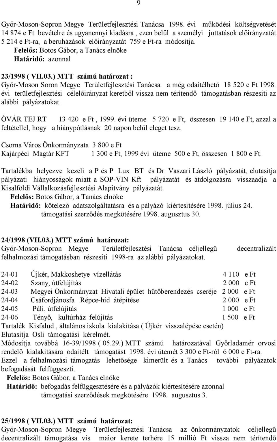 Határidı: azonnal 23/1998 ( VII.03.) MTT számú határozat : Gyır-Moson Soron Megye Területfejlesztési Tanácsa a még odaítélhetı 18 520 e Ft 1998.