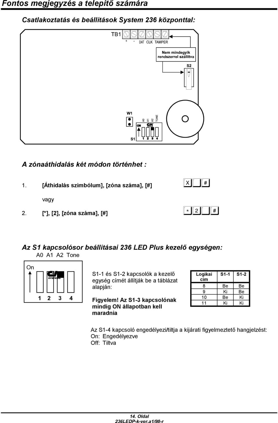 [*], [2], [zóna száma], [#] Az S1 kapcsolósor beállításai 236 LED Plus kezelő egységen: A0 A1 A2 Tone On 1 2 3 4 S1-1 és S1-2 kapcsolók a kezelő