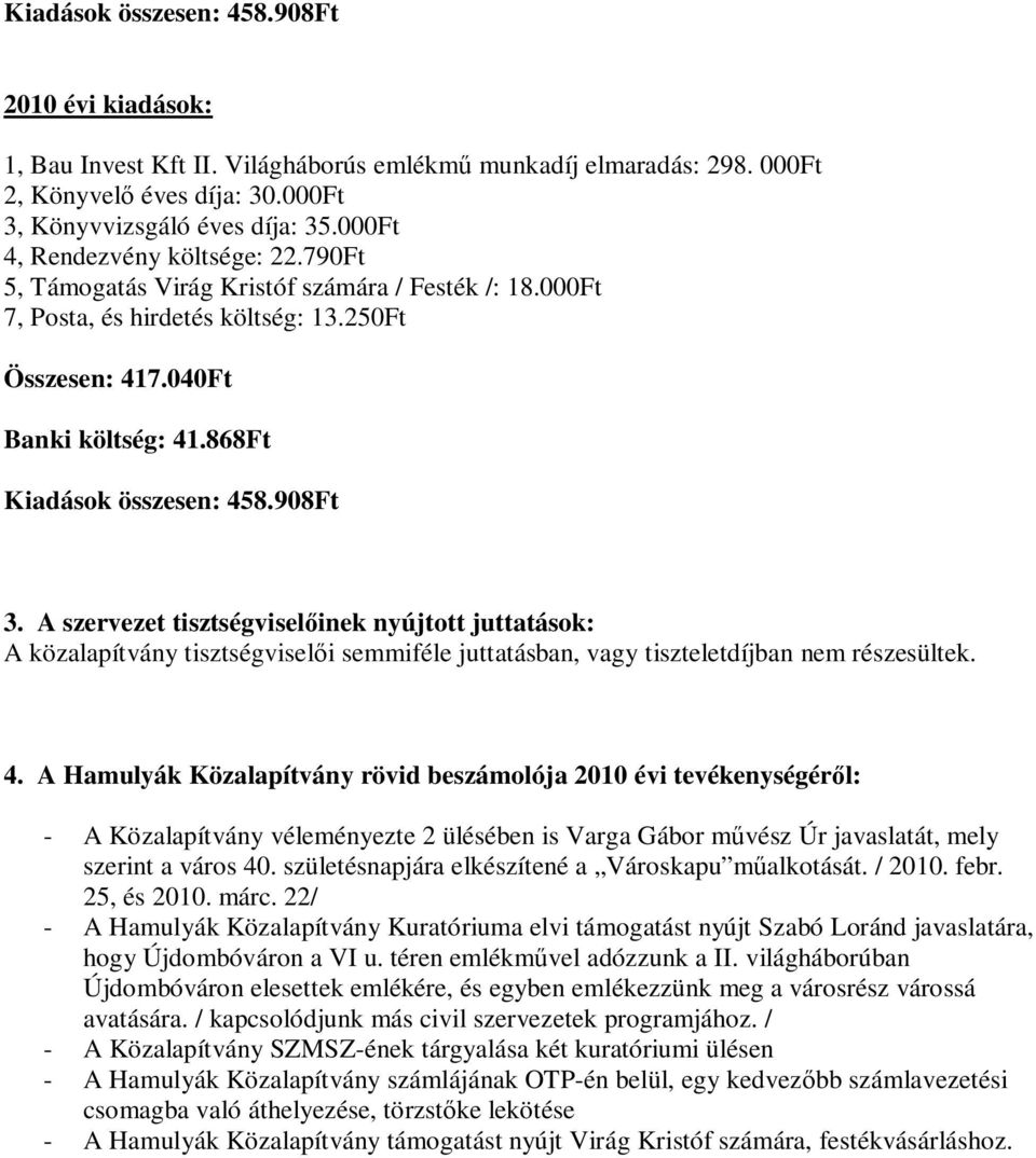 868Ft Kiadások összesen: 458.908Ft 3. A szervezet tisztségviselőinek nyújtott juttatások: A közalapítvány tisztségviselői semmiféle juttatásban, vagy tiszteletdíjban nem részesültek. 4. A Hamulyák Közalapítvány rövid beszámolója 2010 évi tevékenységéről: - A Közalapítvány véleményezte 2 ülésében is Varga Gábor művész Úr javaslatát, mely szerint a város 40.