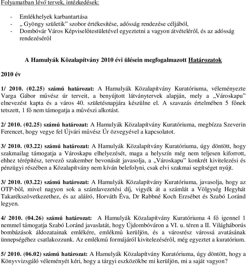 25) számú határozat: A Hamulyák Közalapítvány Kuratóriuma, véleményezte Varga Gábor művész úr terveit, a benyújtott látványtervek alapján, mely a Városkapu elnevezést kapta és a város 40.