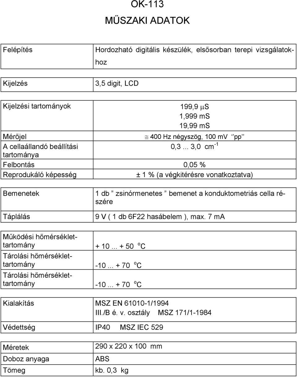 .. 3,0 cm -1 tartománya Felbontás 0,05 % Reprodukáló képesség ± 1 % (a végkitérésre vonatkoztatva) Működési hőmérséklettartomány Tárolási