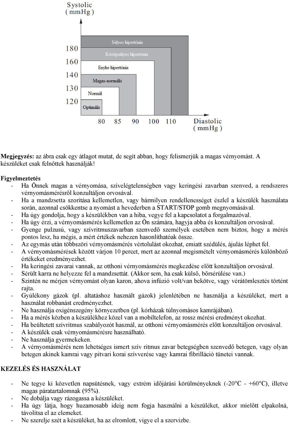 - Ha a mandzsetta szorítása kellemetlen, vagy bármilyen rendellenességet észlel a készülék használata során, azonnal csökkentse a nyomást a hevederben a START/STOP gomb megnyomásával.