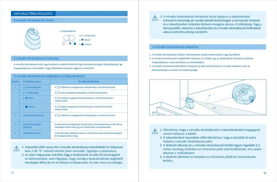 A virtuális térelválasztó telepítése: A virtuális térelválasztó funkciója: A virtuális térelválasztó elzár egy területet a takarítórobot elől egy infravörös jelsugár kibocsátásával, így