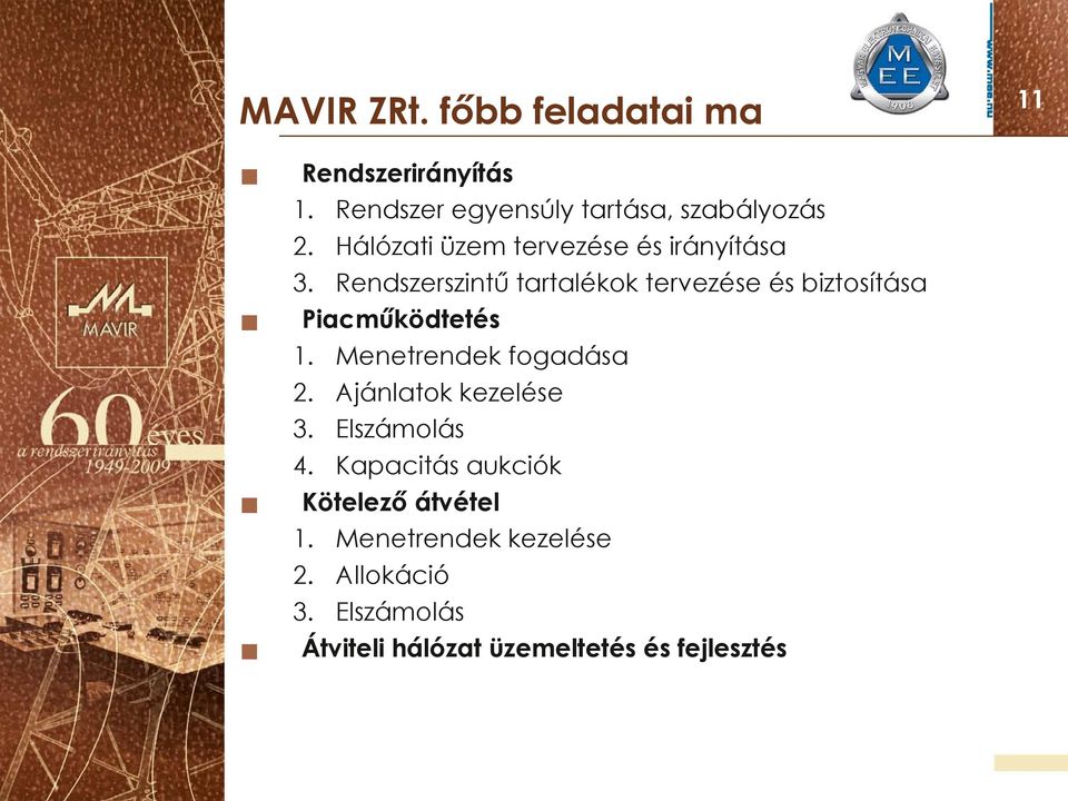Rendszerszintű tartalékok tervezése és biztosítása Piacműködtetés 1. Menetrendek fogadása 2.