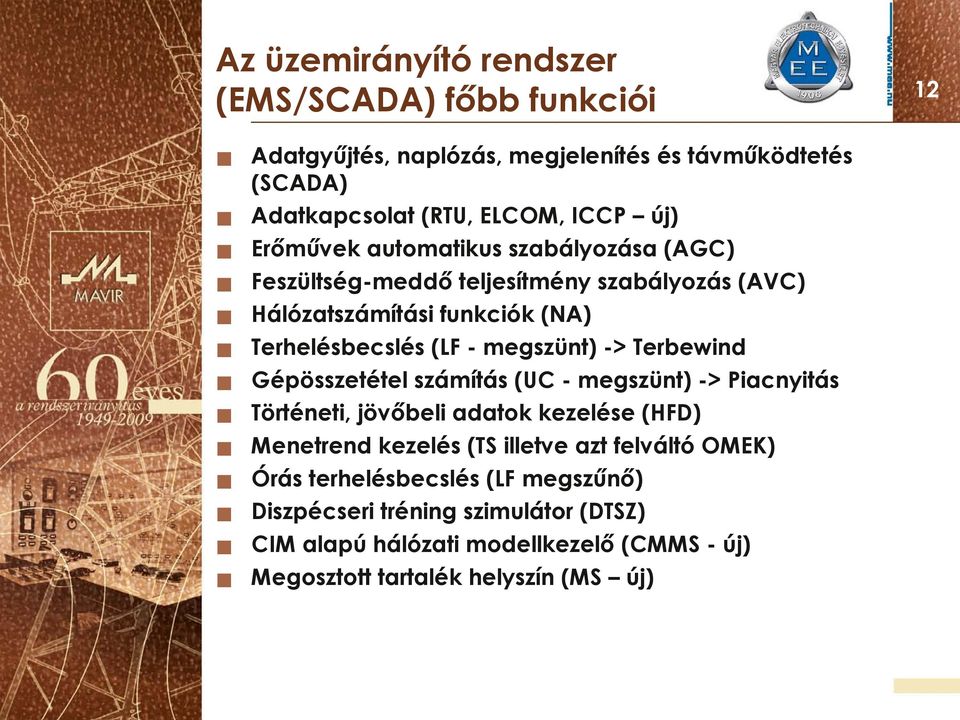 Terbewind Gépösszetétel számítás (U - megszünt) -> Piacnyitás Történeti, jövőbeli adatok kezelése (HFD) Menetrend kezelés (T illetve azt felváltó