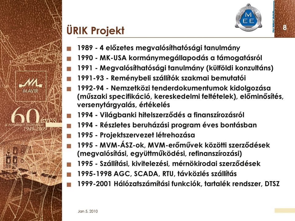 hitelszerződés a finanszírozásról 1994 - Részletes beruházási program éves bontásban 1995 - Projektszervezet létrehozása 1995 - MVM-ÁZ-ok, MVM-erőművek közötti szerződések (megvalósítási,