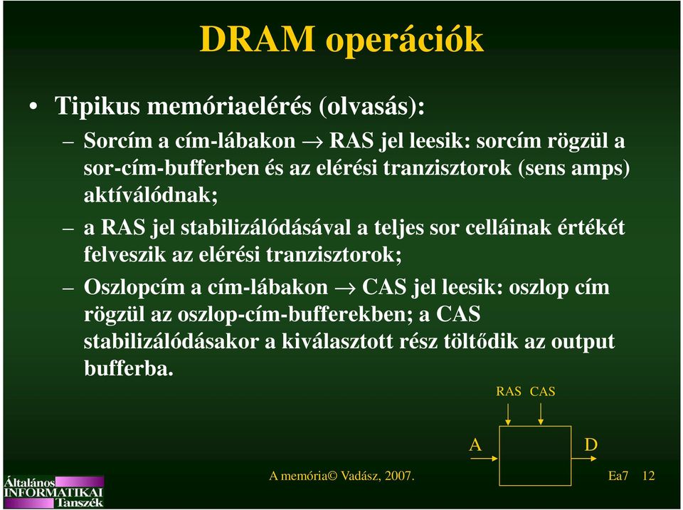 celláinak értékét felveszik az elérési tranzisztorok; Oszlopcím a cím-lábakon CAS jel leesik: oszlop cím rögzül az