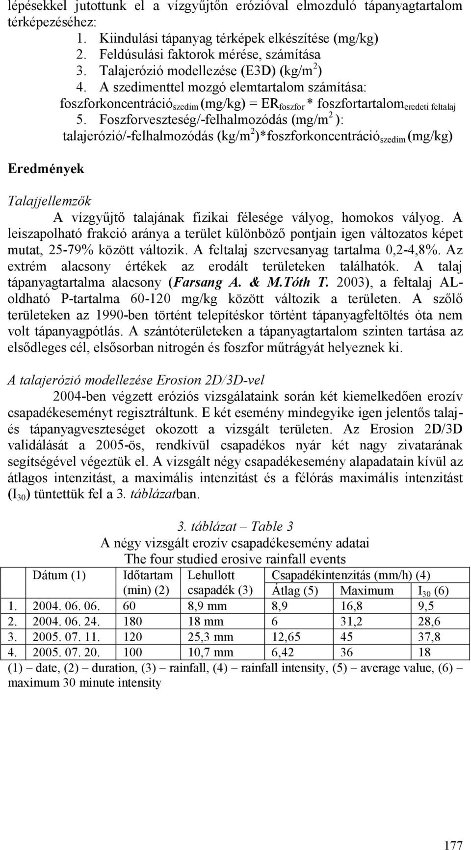 Foszforveszteség/-felhalmozódás (mg/m 2 ): talajerózió/-felhalmozódás (kg/m 2 )*foszforkoncentráció szedim (mg/kg) Eredmények Talajjellemzık A vízgyőjtı talajának fizikai félesége vályog, homokos