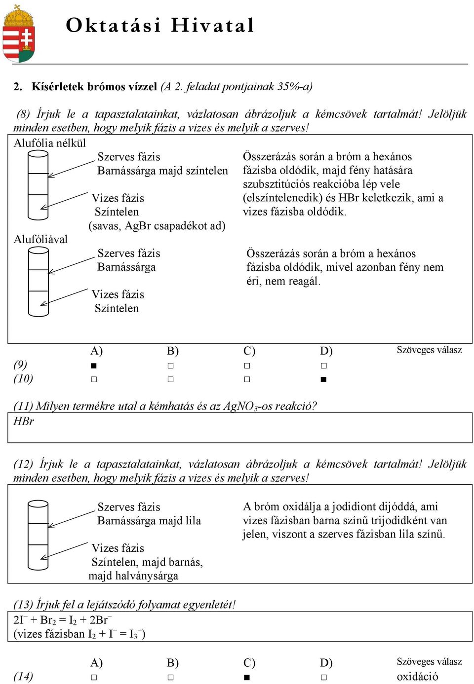 Alufólia nélkül Alufóliával Szerves fázis Barnássárga majd színtelen Vizes fázis Színtelen (savas, AgBr csapadékot ad) Szerves fázis Barnássárga Vizes fázis Színtelen Összerázás során a bróm a