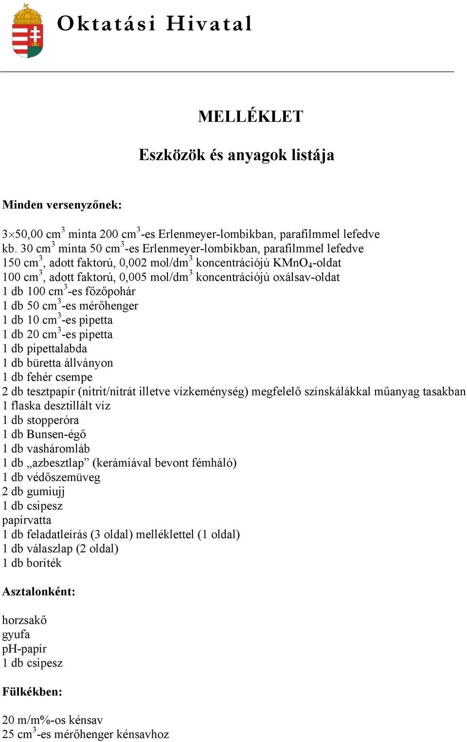 oxálsav-oldat 1 db 100 cm 3 -es főzőpohár 1 db 50 cm 3 -es mérőhenger 1 db 10 cm 3 -es pipetta 1 db 20 cm 3 -es pipetta 1 db pipettalabda 1 db büretta állványon 1 db fehér csempe 2 db tesztpapír