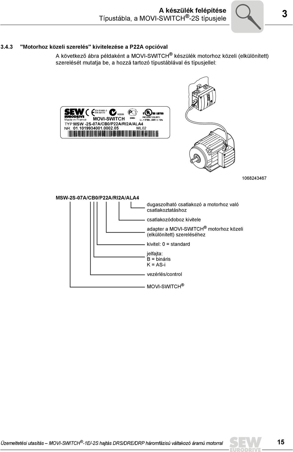 a hozzá tartozó típustáblával és típusjellel: 1068243467 MSW-2S-07A/CB0/P22A/RI2A/ALA4 dugaszolható csatlakozó a motorhoz való csatlakoztatáshoz csatlakozódoboz