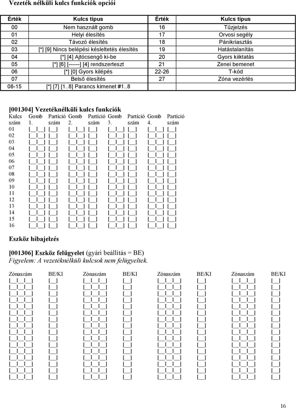 élesítés 27 Zóna vezérlés 08-15 [*] [7] [1..8] Parancs kimenet #1..8 [001304] Vezetéknélküli kulcs funkciók Kulcs Gomb Partíció Gomb Partíció Gomb Partíció Gomb Partíció szám 1. szám 2. szám 3.