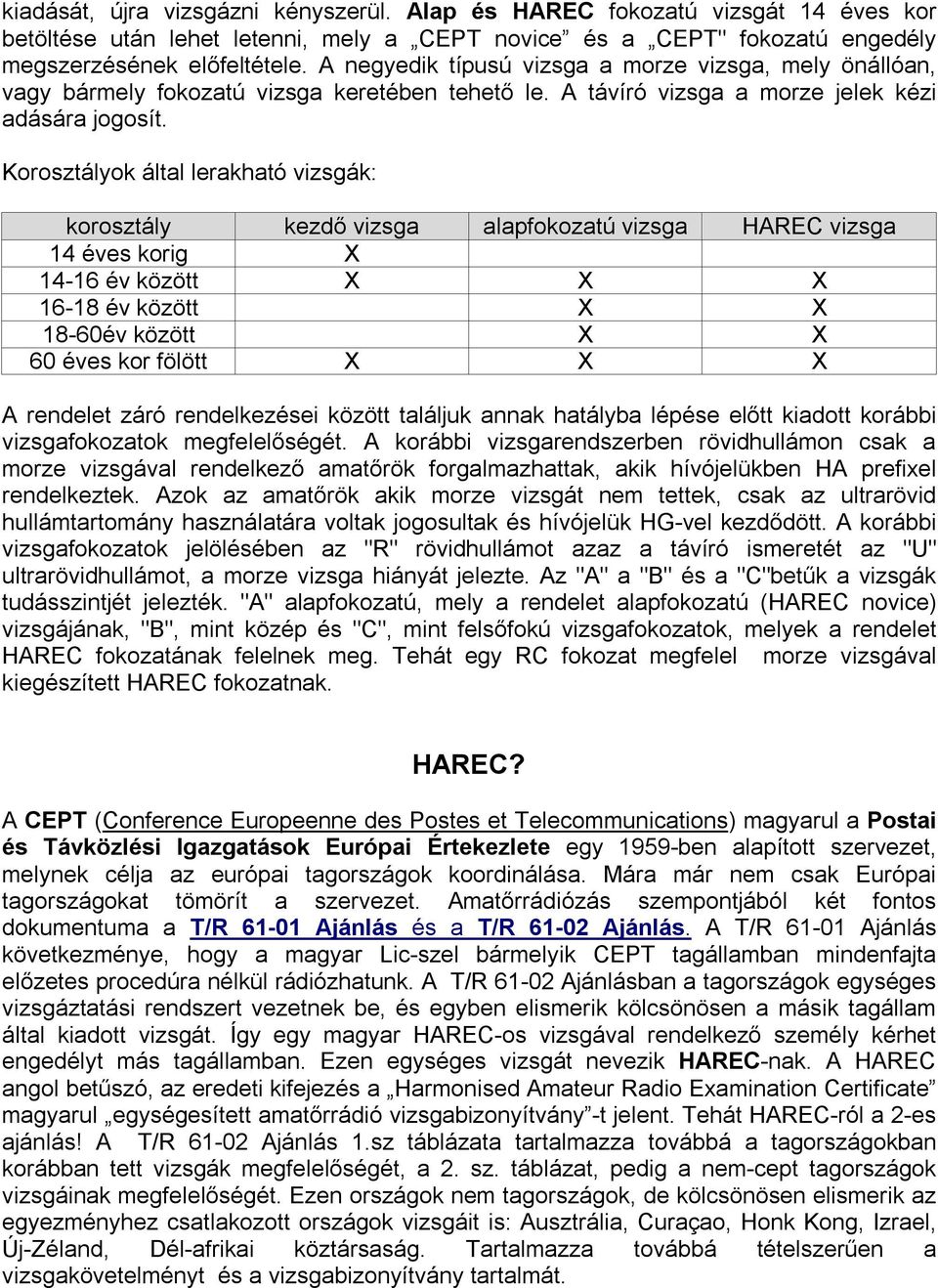 Korosztályok által lerakható vizsgák: korosztály kezdő vizsga alapfokozatú vizsga HAREC vizsga 14 éves korig X 14-16 év között X X X 16-18 év között X X 18-60év között X X 60 éves kor fölött X X X A