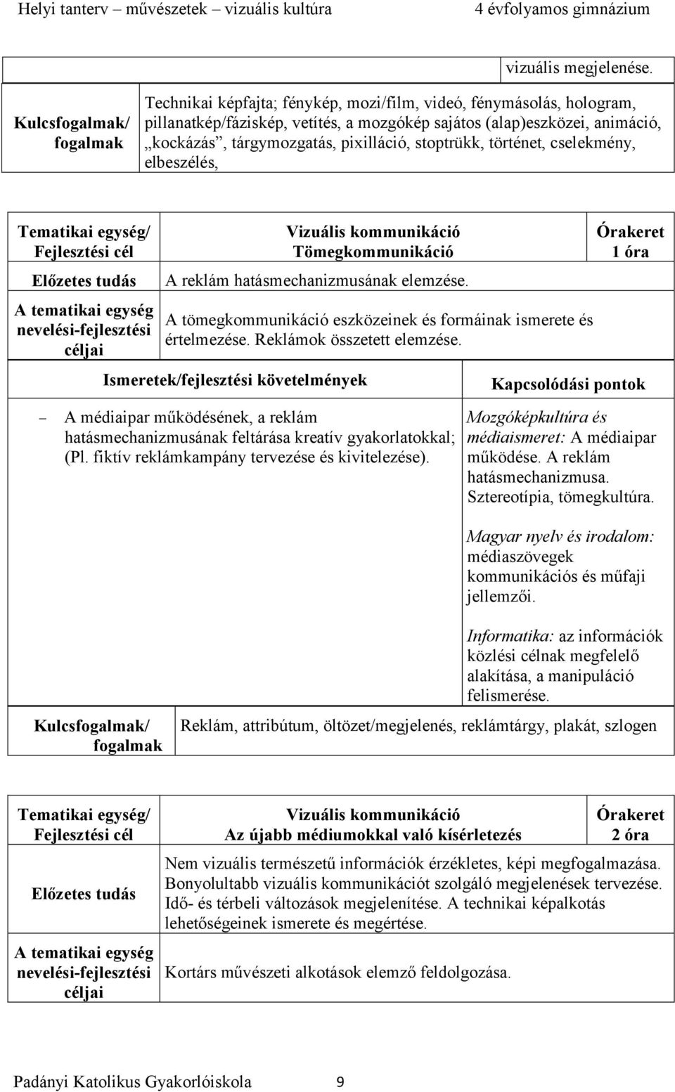 történet, cselekmény, elbeszélés, Vizuális kommunikáció Tömegkommunikáció A reklám hatásmechanizmusának elemzése. A tömegkommunikáció eszközeinek és formáinak ismerete és értelmezése.