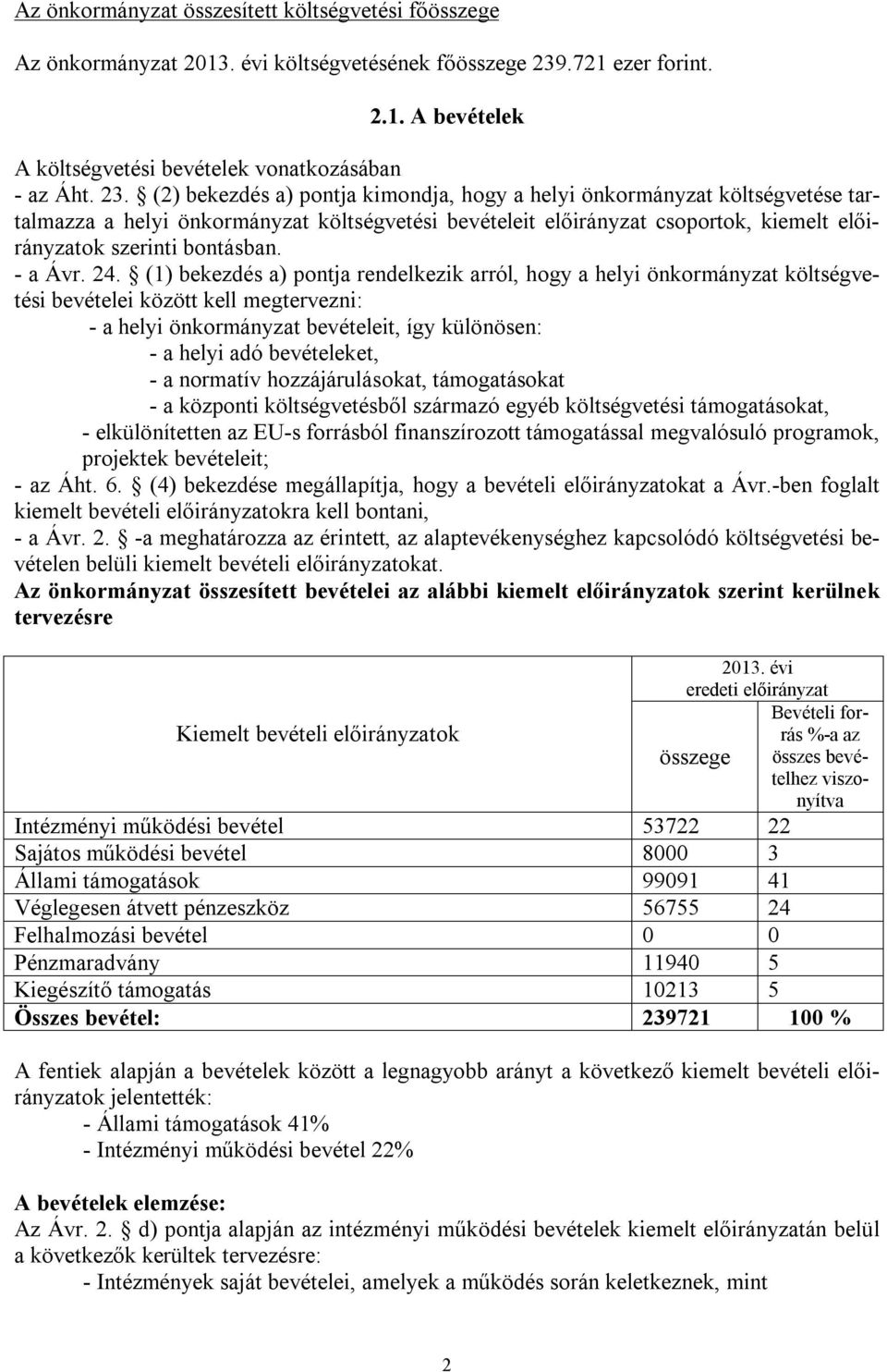 (2) bekezdés a) pontja kimondja, hogy a helyi önkormányzat költségvetése tartalmazza a helyi önkormányzat költségvetési bevételeit előirányzat csoportok, kiemelt előirányzatok szerinti bontásban.