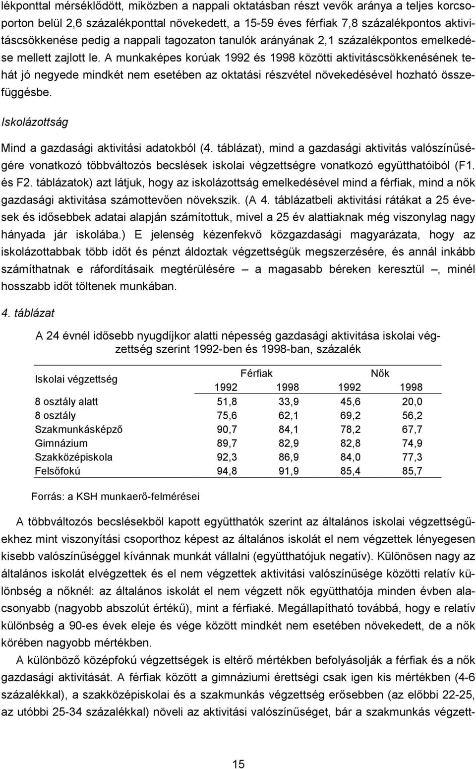 A munkaképes korúak 1992 és 1998 közötti aktivitáscsökkenésének tehát jó negyede mindkét nem esetében az oktatási részvétel növekedésével hozható összefüggésbe.