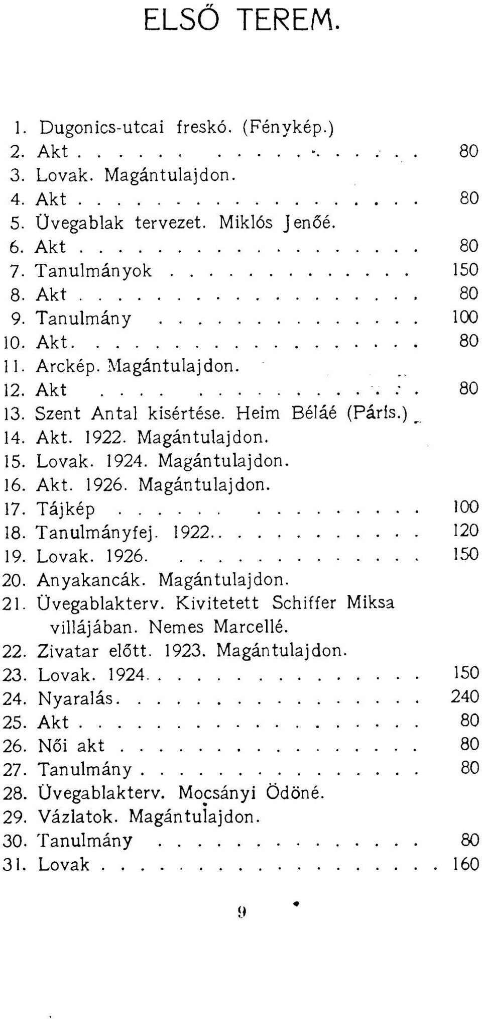 Magántulajdon. 17. Tájkép 100 18. Tanulmányfej. 1922 120 19. Lovak. 1926 150 20. Anyakancák. Magántulajdon. 21. Üvegablakterv. Kivitetett Schiffer Miksa villájában. Nemes Marcellé. 22.